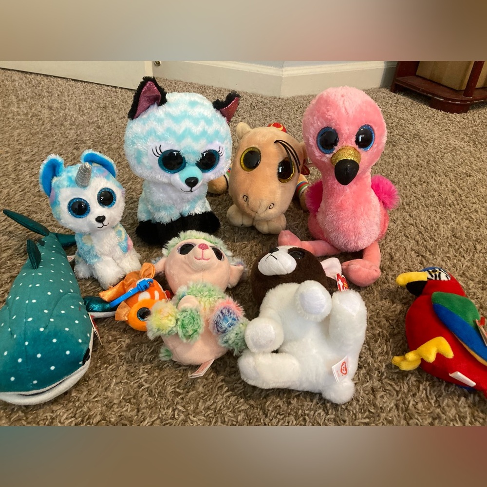 Ty Beanie Babies Big Eye Stuffies Lot Of 9 Whale Flamingo Cat Dog Bird